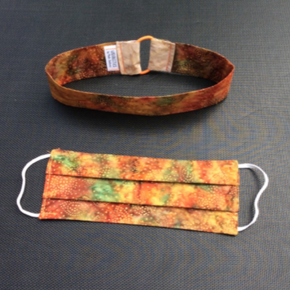 Handmade set bundle: batik burnt orange fabric face mask & matching headband